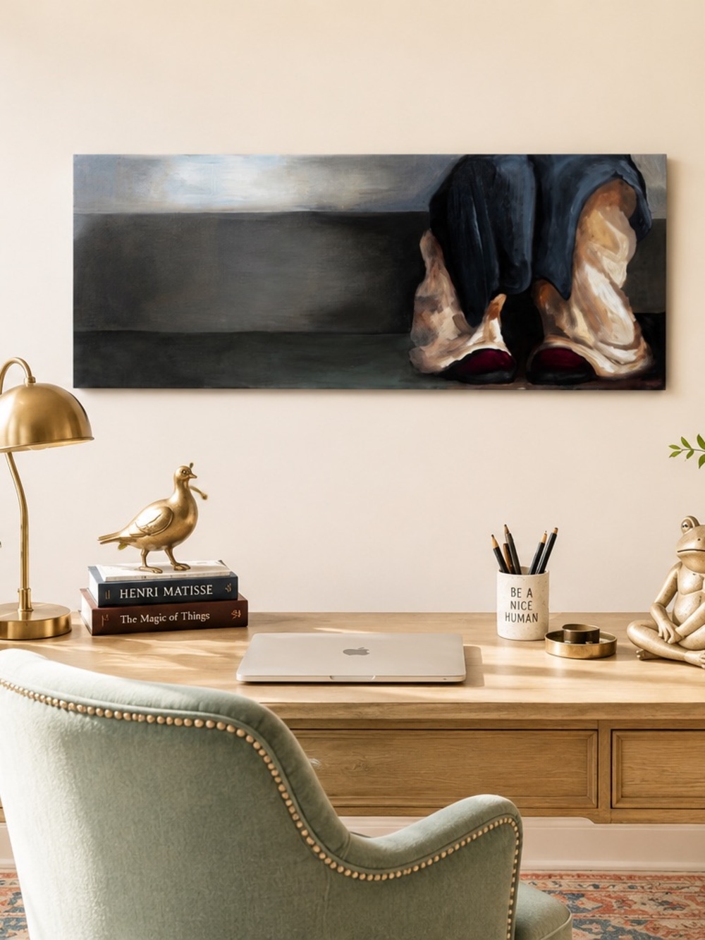 Abstract Canvas Painting with Navy, Cream & Burgundy Accents 30”x 12”